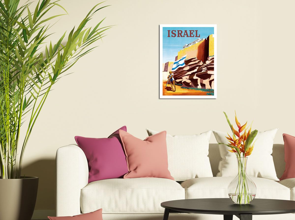 Israel - Zionist Heroic Girl Holding Israeli Flag - Walls of Jerusalem - Vintage Airline Travel Poster by Maurice Renluc c.1949-8 x 12 inch Vintage Metal Tin Sign