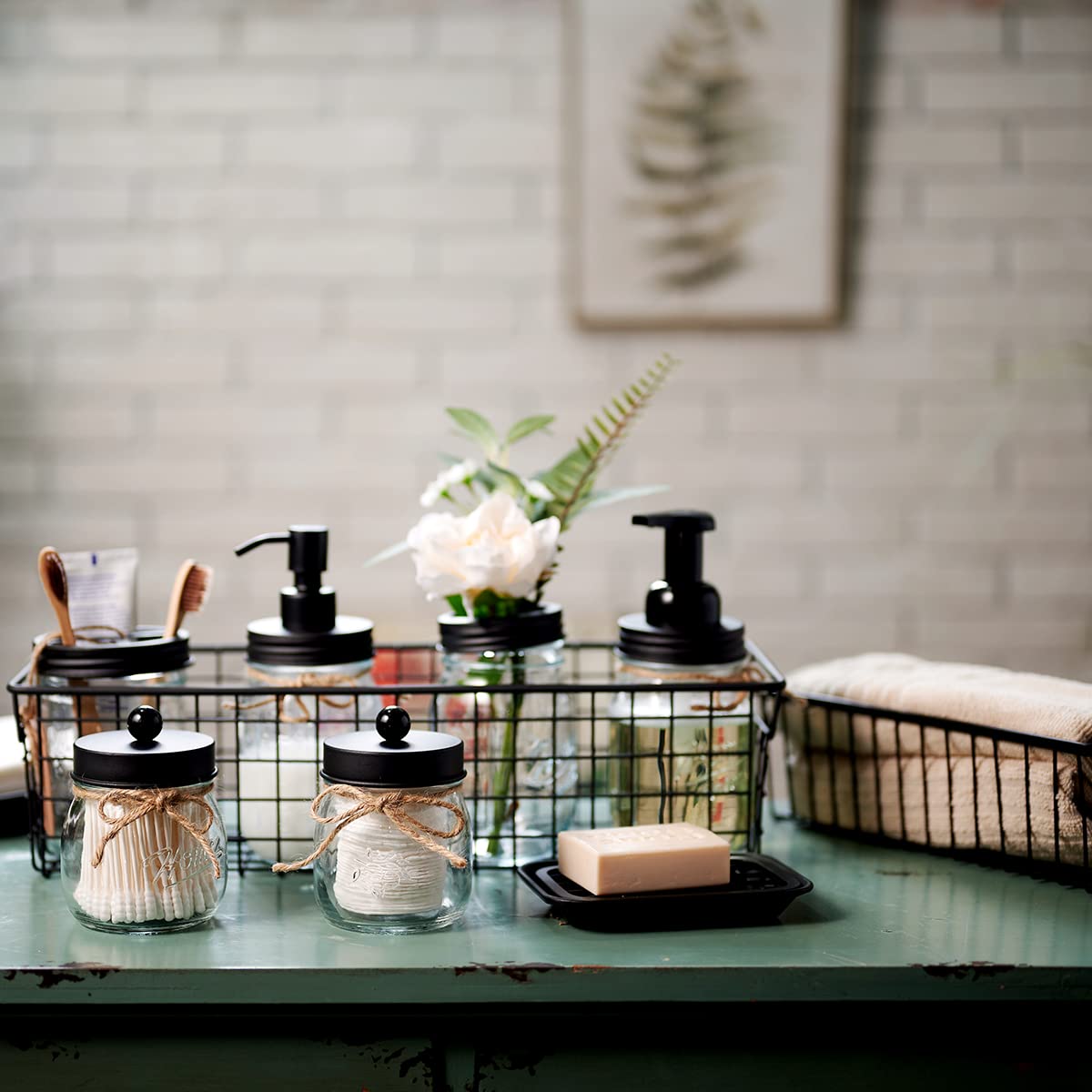 Premium Mason Jar Bathroom Accessories Set (6PCS) - Lotion Soap Dispenser Toothbrush Holder 2 Apothecary Jars(Qtip Holder)  Soap Dish Storage Organizer Basket - Rustic Farmhouse Decor (Black)