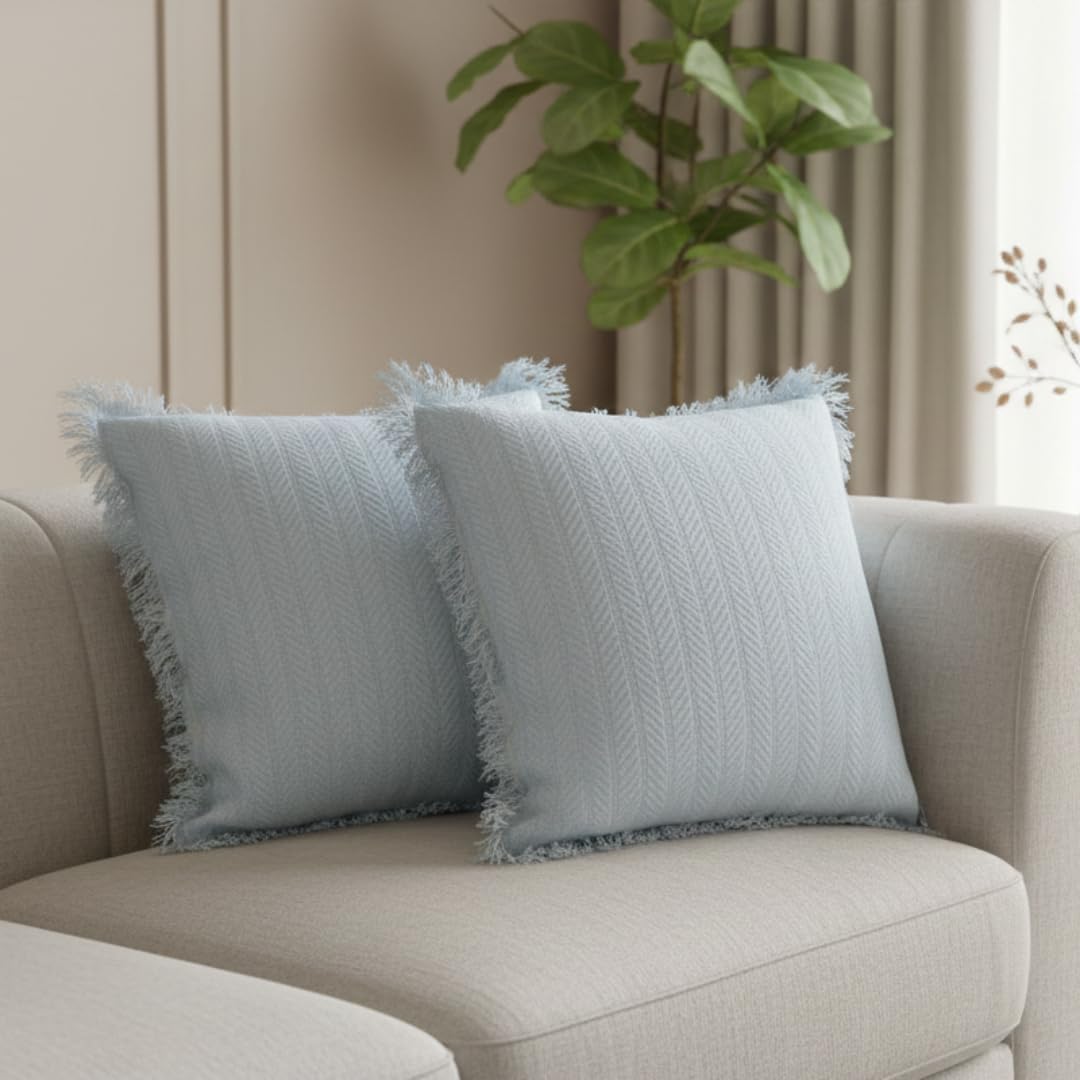 Soot Studio Cotton Cushion Covers 16X16 Inch | Handwoven Light Blue Decorative Square Cushion Case With Fringe | Sofa, Living Ro