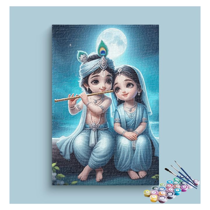Eazy Arts Diy Heavenly Harmony: Baby Krishna And Radha Under The Moon Paint By Numbers Kit Multicolor With Frame 36 Colors|40 X 