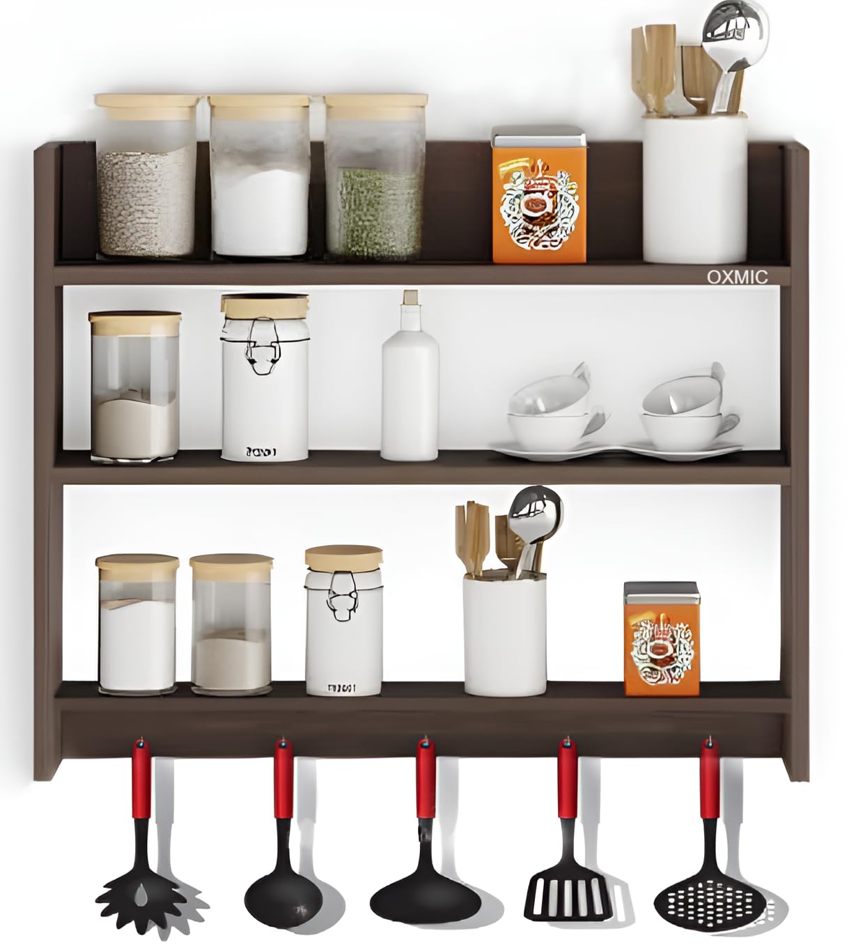 Oxmic Wooden Wall Kitchen Rack Wall Mounted Racks, Organizer, Shelf For Kitchen Storage Boxes Wooden Wall Shelf (Brown)