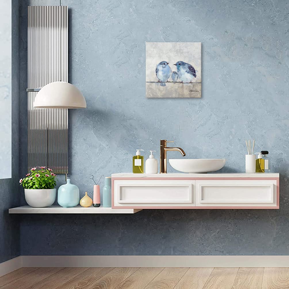 Bathroom Bird Decor Wall Art, Blue And Gray Wall Pictures, Bluebird Artwork On Canvas For Kids Room 13.5X13.5