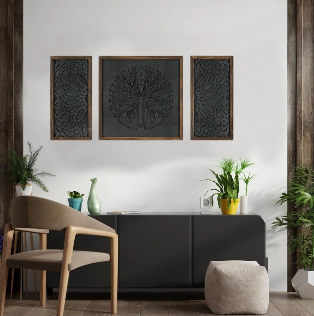 Upzing Decor Life Tree Wooden Set Of 3 Life Tree Wooden Wall Panel Set 3 Wall Hangings,Bedroom Carving Panel Aesthetic Style, Ma