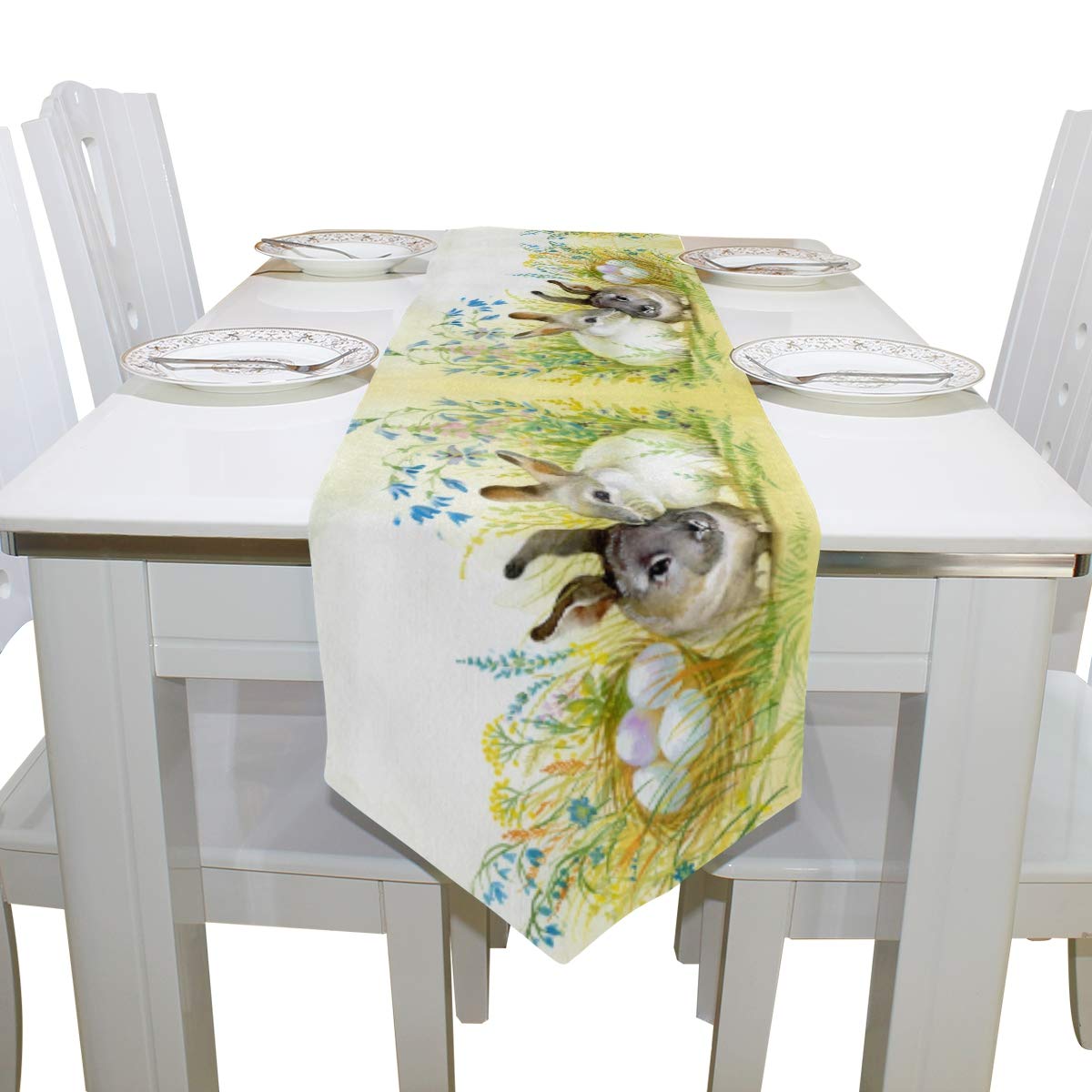 Woor Double-Sided Retro Easter Bunny Rabbit Watercolor Table Runner 13 X 70 Inches Long,Table Cloth Runner For Wedding Party Hol