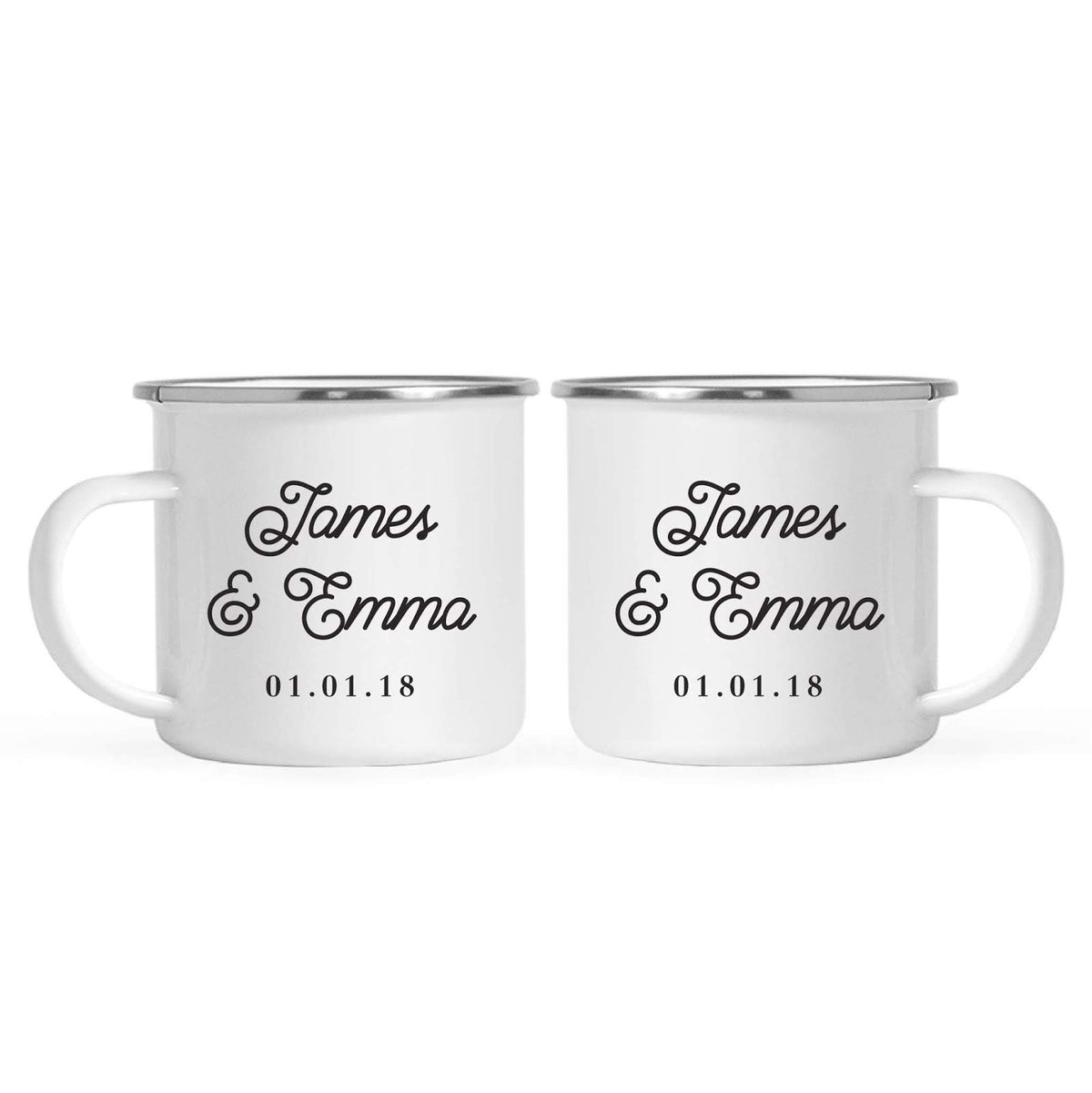 Andaz Press Fully Personalized Stainless Steel Campfire Coffee Mugs Gift Set, Bride Groom Names and Date, 2-Pack, Metal Enamel C