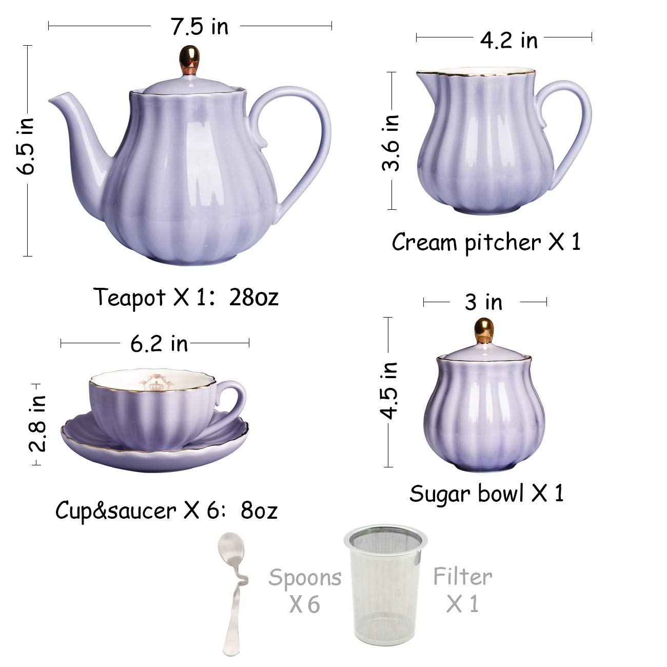 Porcelain Tea Sets British Royal Series, 8 Oz Cups& Saucer Service For 6, With Teapot Sugar Bowl Cream Pitcher Teaspoons And Tea