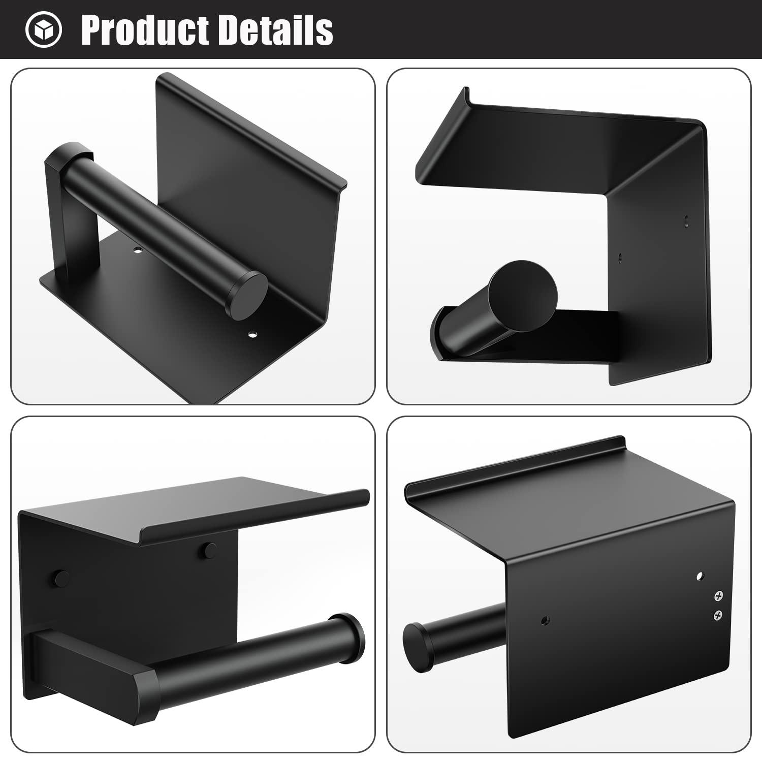 Tindbea Toilet Paper Holder Phone Shelf + Towel Hooks  Adhesive or Wall Mounted Bathroom Tissue Roll Storage  Stainless Steel Home Household Apartment Essential Accessories (Matte Black)