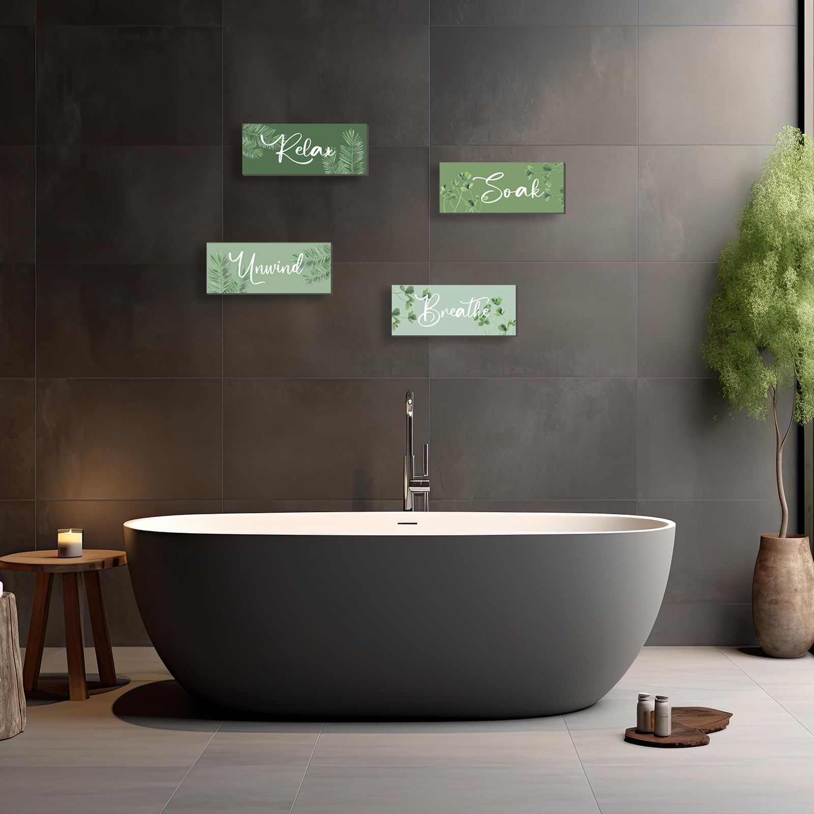 ONIZHITY 4 Pcs Sage Green Bathroom Wall Decors Relax Soak Unwind Breathe Wooden Word Sign Rustic Sage Bathroom Accessories For B
