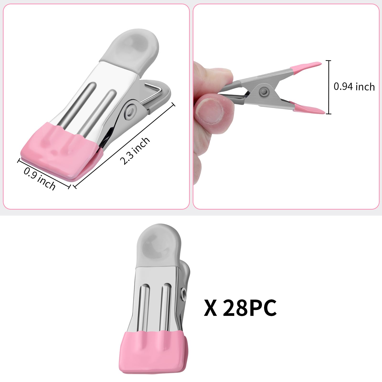 Tinfol 28Pc Clothes Pins, Stainless Steel Pink Laundry Clips - Multipurpose Strong Clothing Pins, Bag Clips, Chip Clips, Food Cl