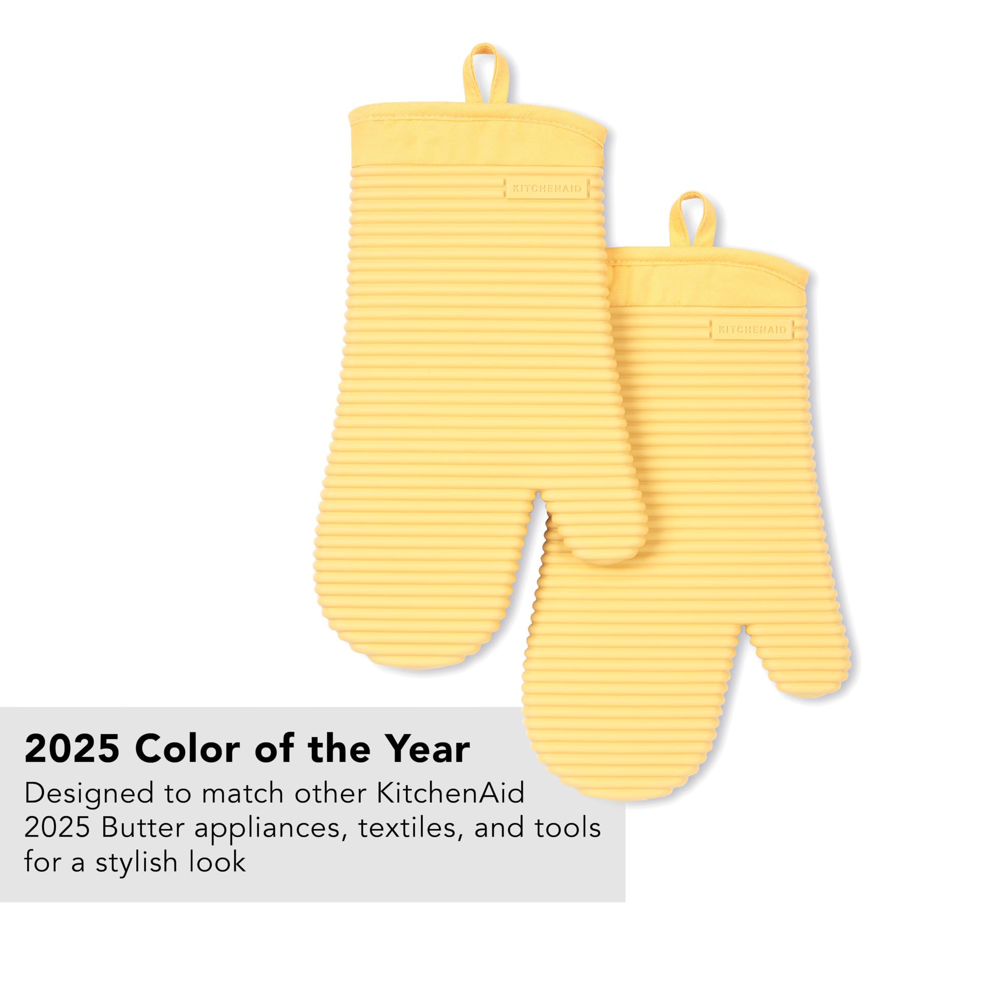 KITCHENAID Ribbed Soft Silicone Oven Mitt 2-Pack Set, 7.5x13, Butter Yellow