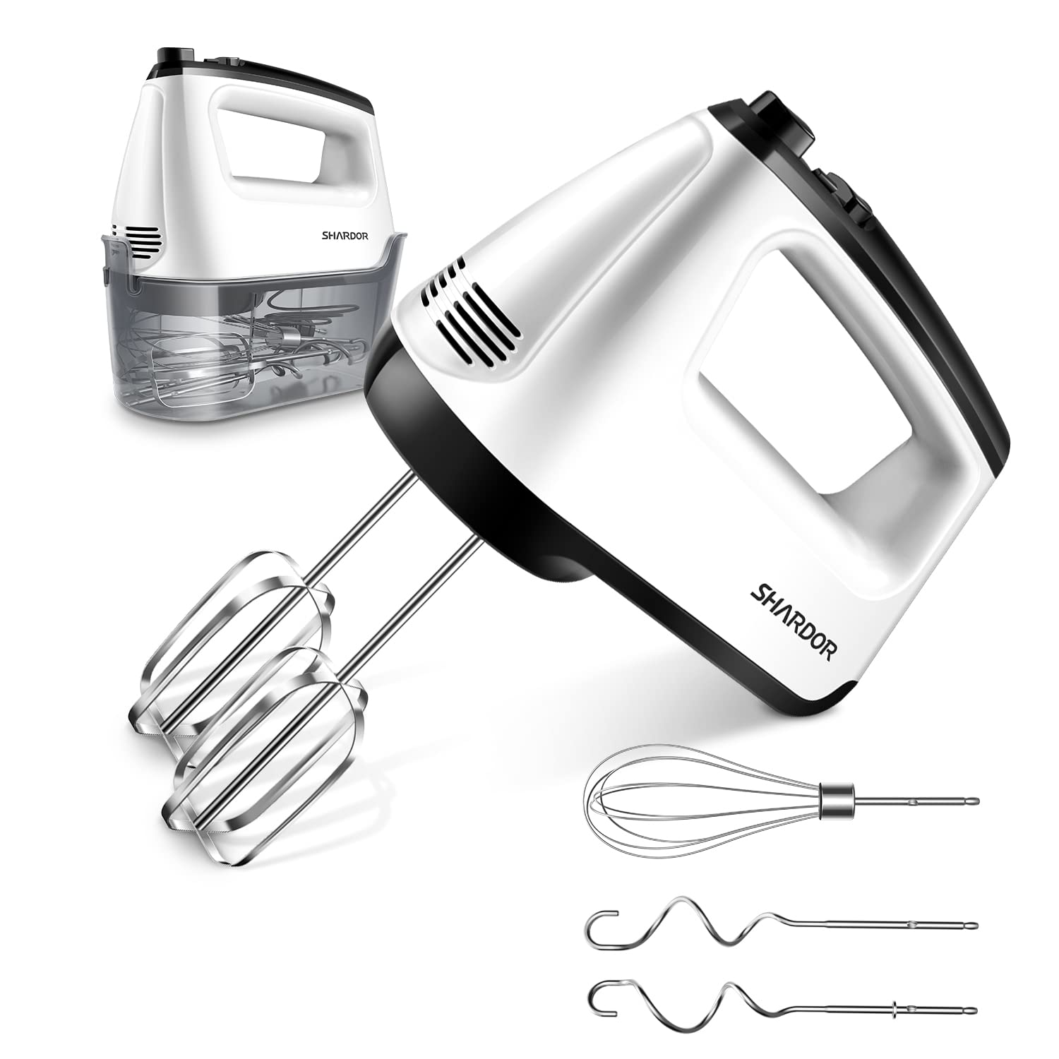 SHARDOR Hand Mixer Electric  6 Speed & Turbo Handheld Mixer with 5 Stainless Steel Accessories  Electic Mixer for Whipping  Mixing Cookies  Brownie  Cakes  Dough Batters  Snap-On Storage Case  White