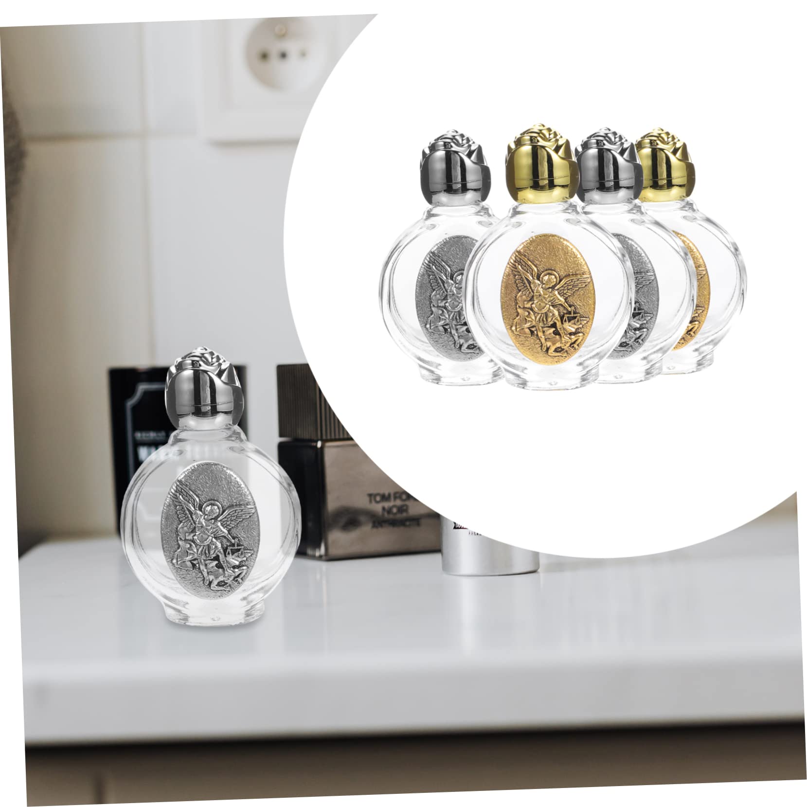KONTONTY 4Pcs Embossed Holy Water Bottles for Catholic Use Mini Glass Containers for Church Baptism and Blessing Ceremonies Deco