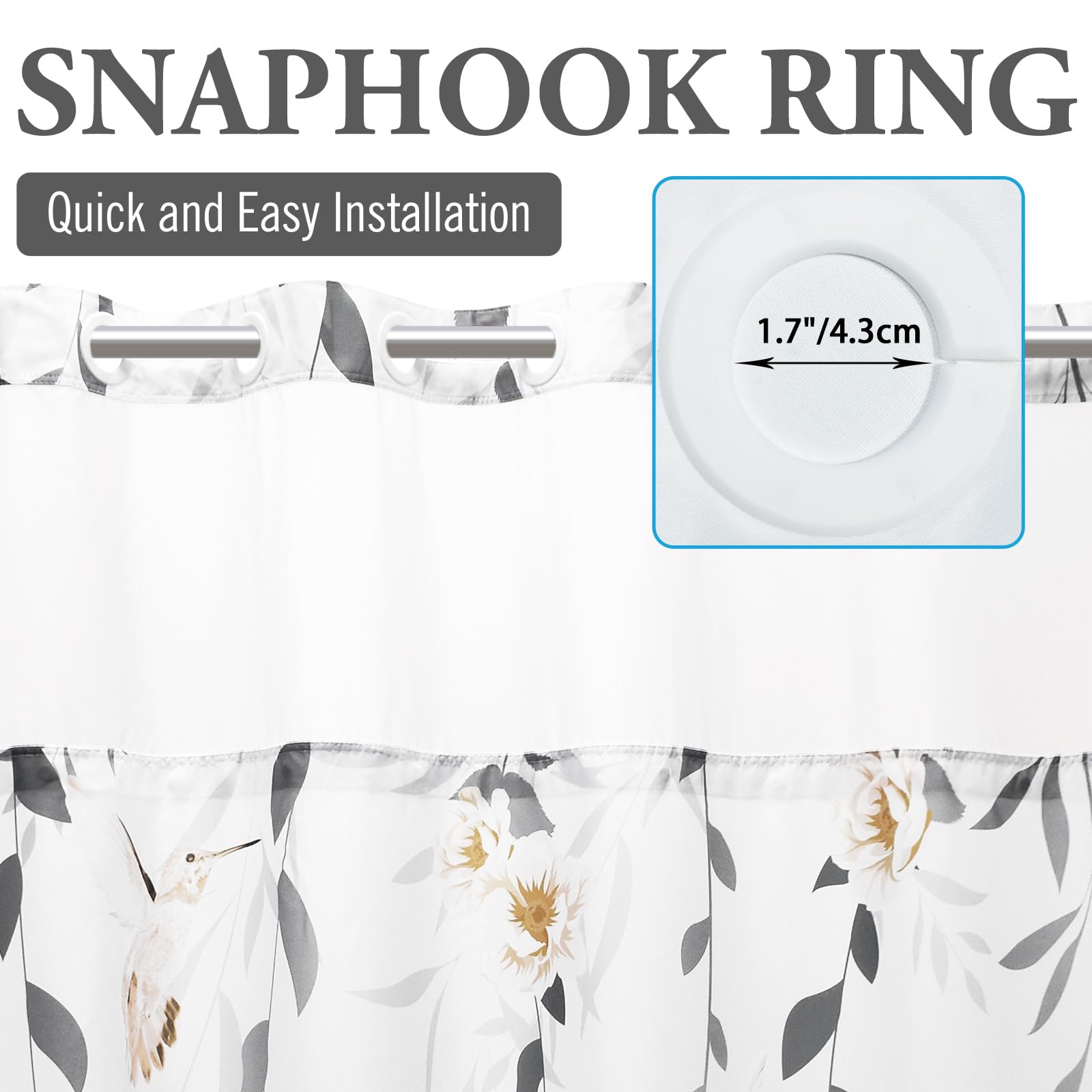 Withloc No Hook Shower Curtain With Snap In Liner - Fabric Waterproof Inner Liner, Plants Yellow Floral Grey Nature Birds Cloth