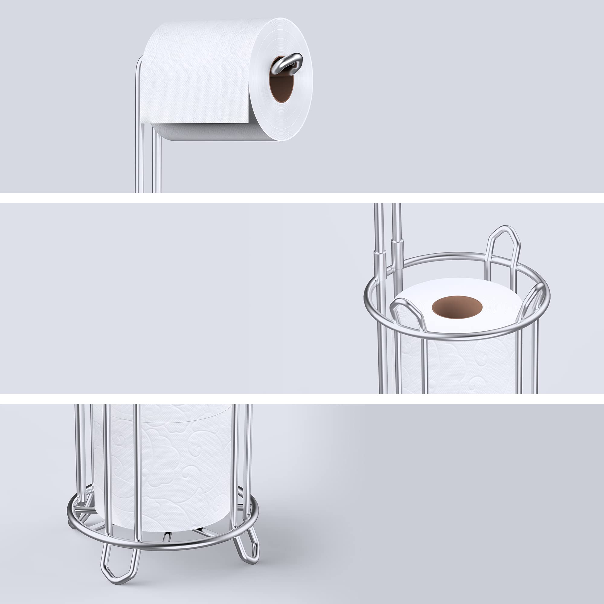 Meangood Toilet Paper Holder Stand and Tissue Paper Roll Dispenser for 4 Mega Rolls  Bathroom Free Standing Tissue Roll Storage Holder Rack  Metal Wire Silver