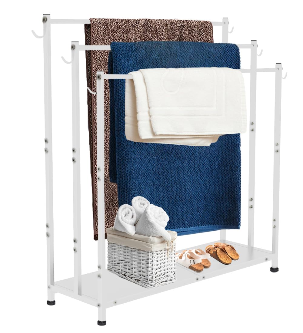 AnBaiMei Extra Large Free Standing Towel Rack with Metal Storage Shelf & 6 Hooks for Bathroom, 3 Tiers Heavy Duty Blanket Drying