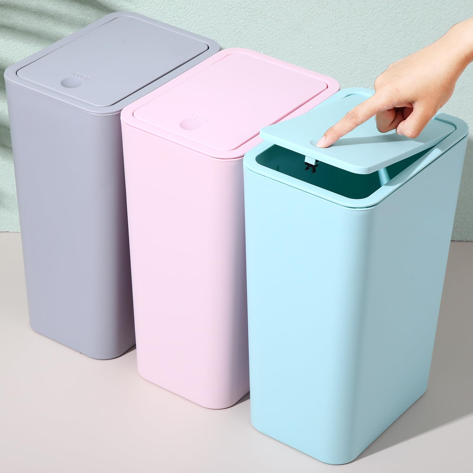SHPMXUPW 3 Pack Bathroom Small Trash Can with Lid 10L / 2.6 Gallon Slim Garbage Bin Wastebasket with Pop-Up Lid for Bedroom  Office  Kitchen  Craft Room  Fits Under Desk/Cabinet/Sink