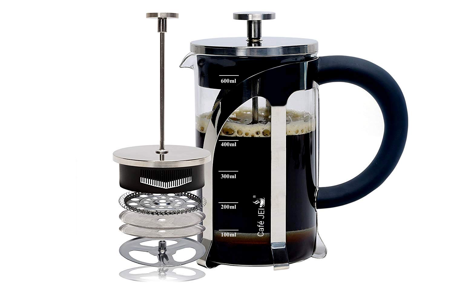 Caf JEI French Press Coffee and Tea Maker 600ml with 4 Level Filtration System, Stainless Steel, Heat Resistant Borosilicate Gla