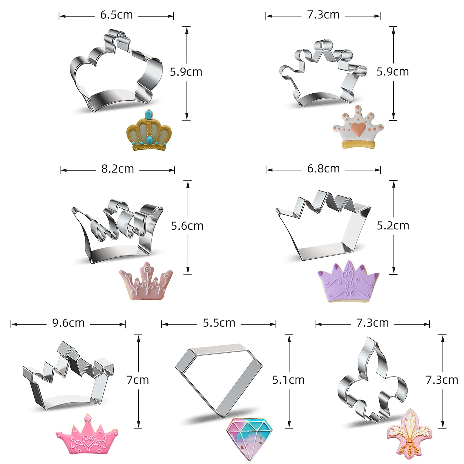 Crown Cookie Cutters Shapes Set Of 7 - Stainless Steel Metal King Crown, Queen Crown, Prince Crown, Princess Crown, Diamond, Iri