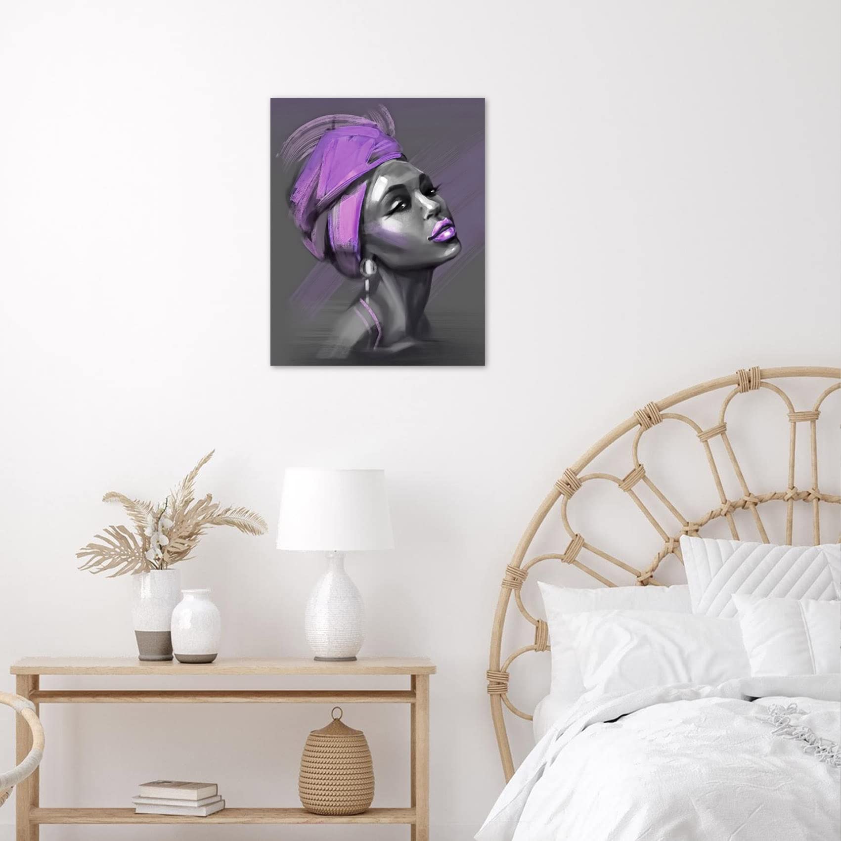 LB African American Women Canvas Wall Art  Beauty Black Woman Purple Hair Canvas Art  Abstract Minimalist Painting Wall Decor for Living Room Bedroom Bathroom Home Decor Ready to Hanging 12x16 Inch