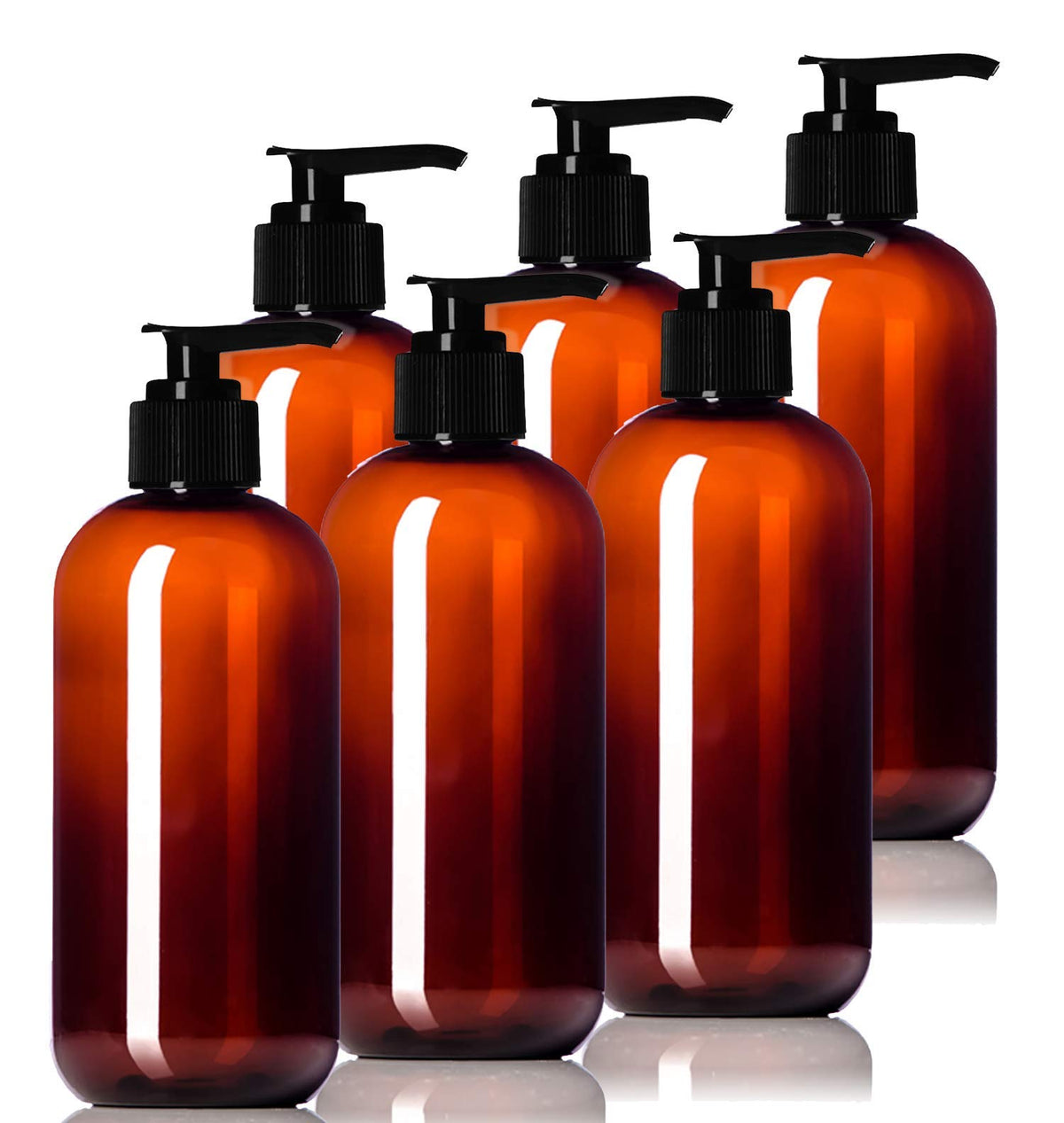 Aromine 8Oz Plastic Amber Bottles (6 Pack) Bpa-Free Squeeze Containers With Pump Cap, Labels Included