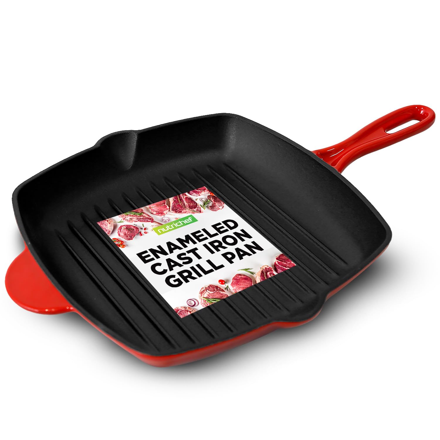 NutriChef 11 Enameled Cast Iron Steak Grill Pan - Square Skillet with Drip Spout, For All Cooktops, Perfect Grill Marks - NCCIES