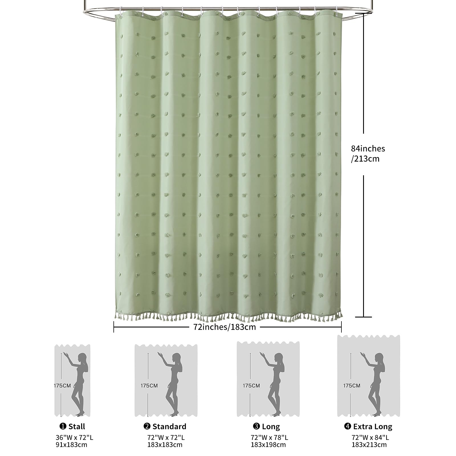 Lilycat Boho Farmhouse Sage Green Fabric Shower Curtain, 72X84 Tufted Pleat Floral Puffs Textured Tassel Cute Rustic Shower Curt