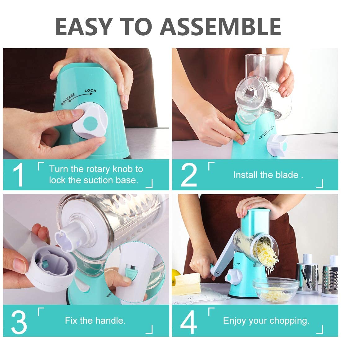 Ancevsk Rotary Cheese Grater Manual Kitchen Shredder, Speed Round Mandoline Vegetable Slicer Safe Food Grinder With 3 Interchang