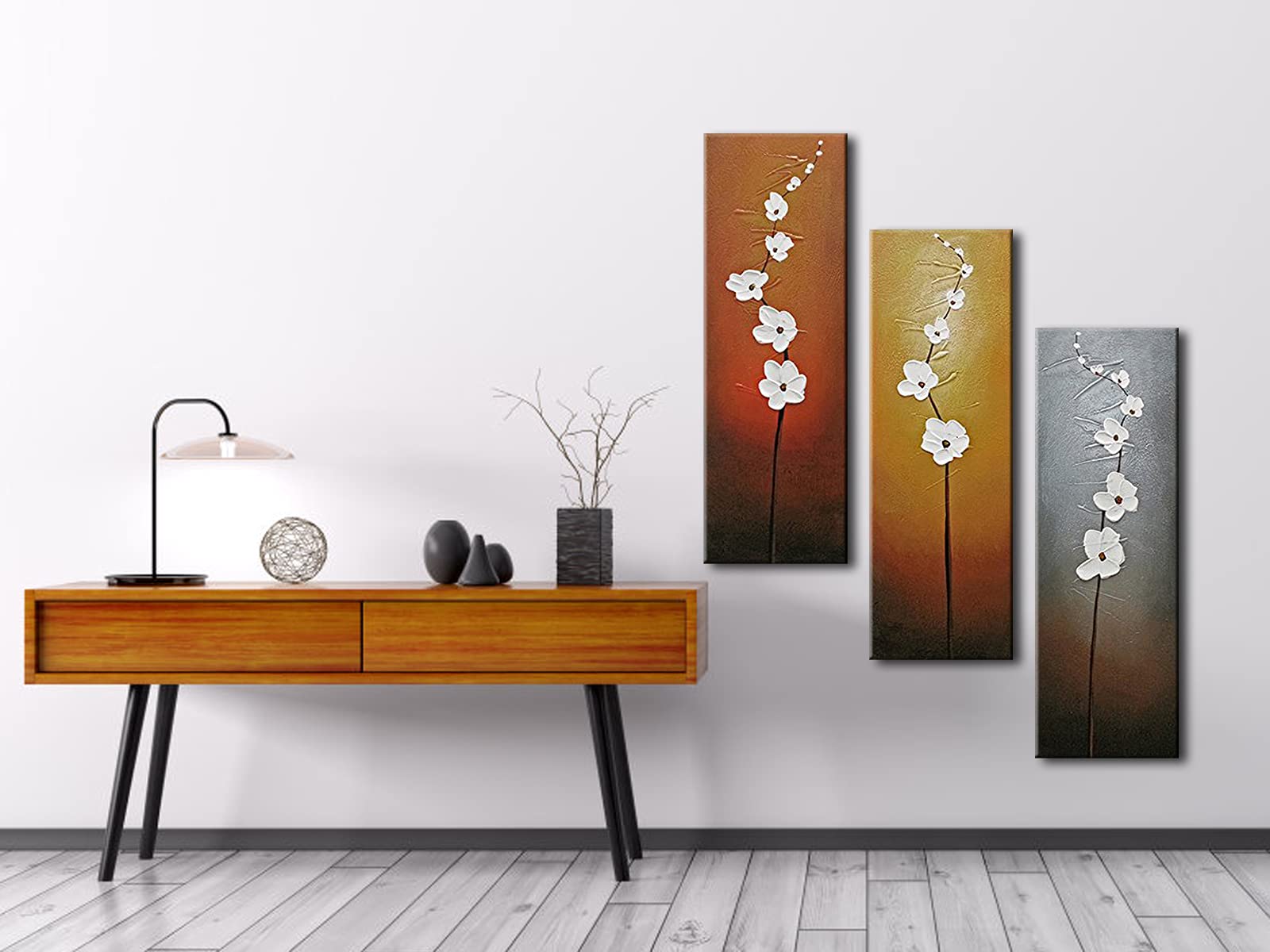 Wieco Art 3 Piece White Flowers Oil Paintings On Canvas Wall Art For Living Room Bedroom Home Decorations Modern Stretched And F