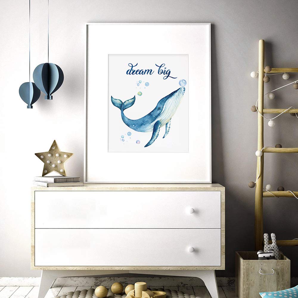 SUUURA-OO Lovely Inspirational Words Texture of Dreams Watercolor Sea marine life Art Print Set of 4 (8?10?  Sea Turtle Seahorse fish whale Jellyfish Wall Poster  Blue Ocean Theme Nursery Kids Room Wall Decor  No Frame