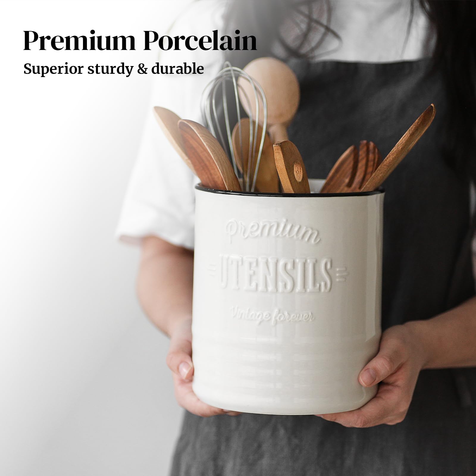 DOWAN 7.2'' Extra Large Kitchen Utensil Holder - Farmhouse Utensil Holder for Countertop - Ceramic Utensil Crock with Protection Cork Mat - Kitchen Decor & Housewarming Gift (White)