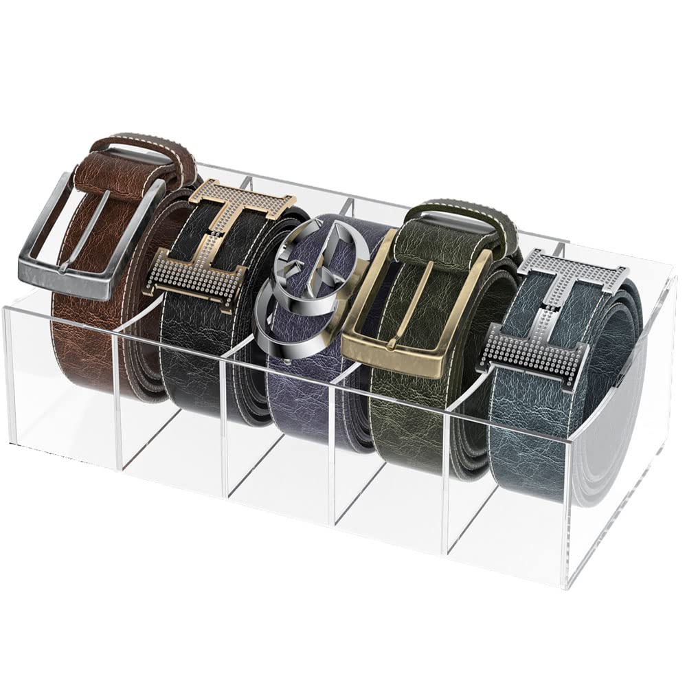 Kdsksc Belt Organizer, Acrylic Belt Storage Holder For The Closet And Drawer, 5 Compartments Belt Container Clear Display Case F