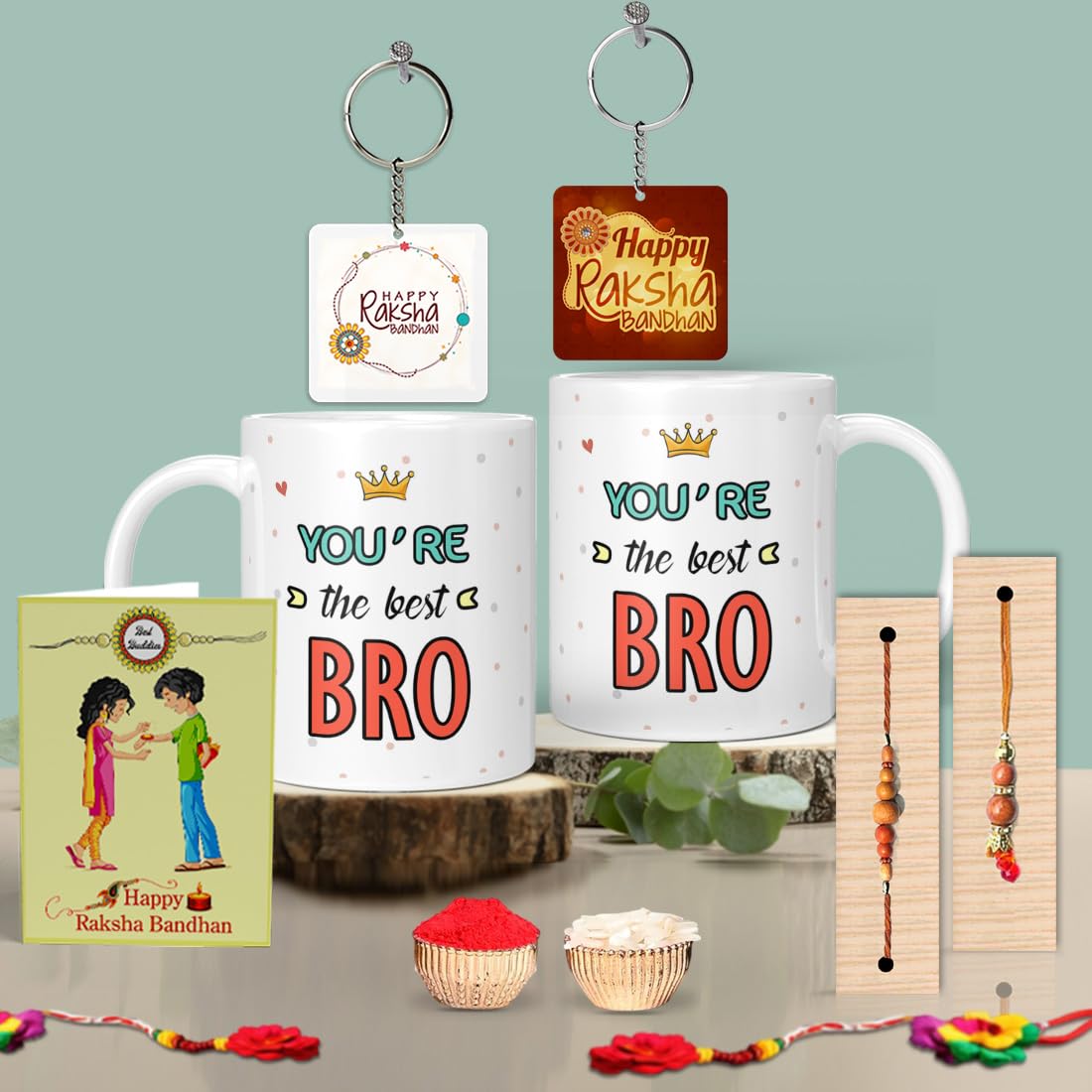 KivStar Rakhi for Brother & Sister with Printed Ceramic Mug and Keychain Combo |Pack of 5 (Greeting Card, Roli Chawal, Rakhi, Pr