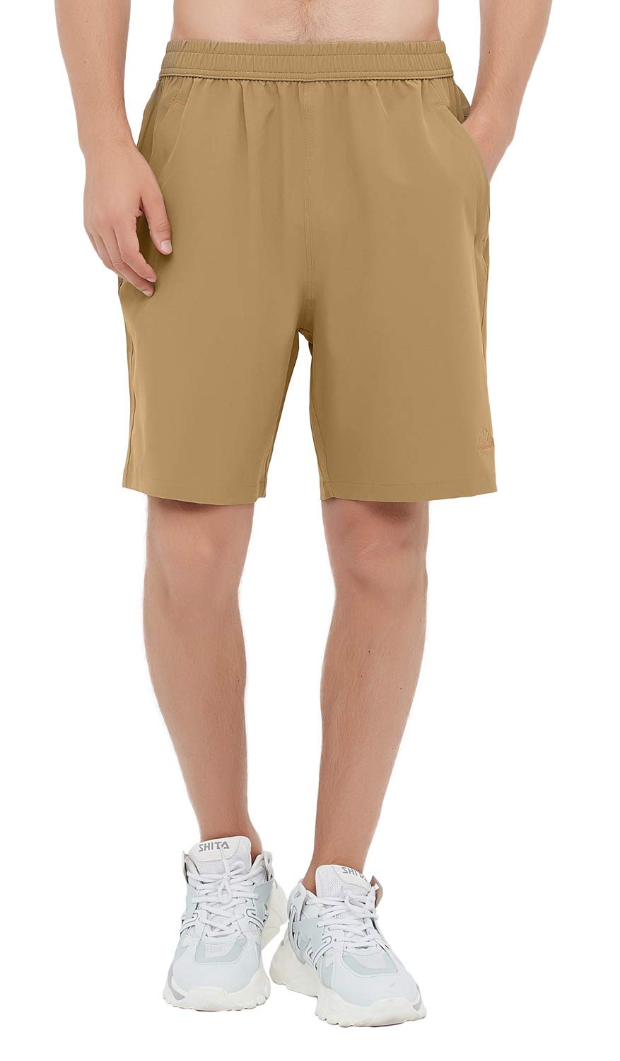 Rdruko Mens Quick Dry Sports Shorts Lightweight Running Outdoor 7 Inch Active Shorts With Zipper Pockets(Khaki, Us M)