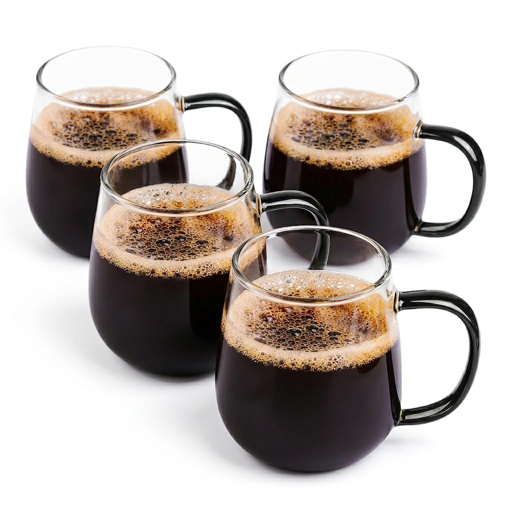 MAQQL 4 Pack 16 oz Clear Glass Coffee Mug with Black Handle, LeadFree Glass Mugs Set for Latte Tea Cappuccino Hot Cold Drinks H