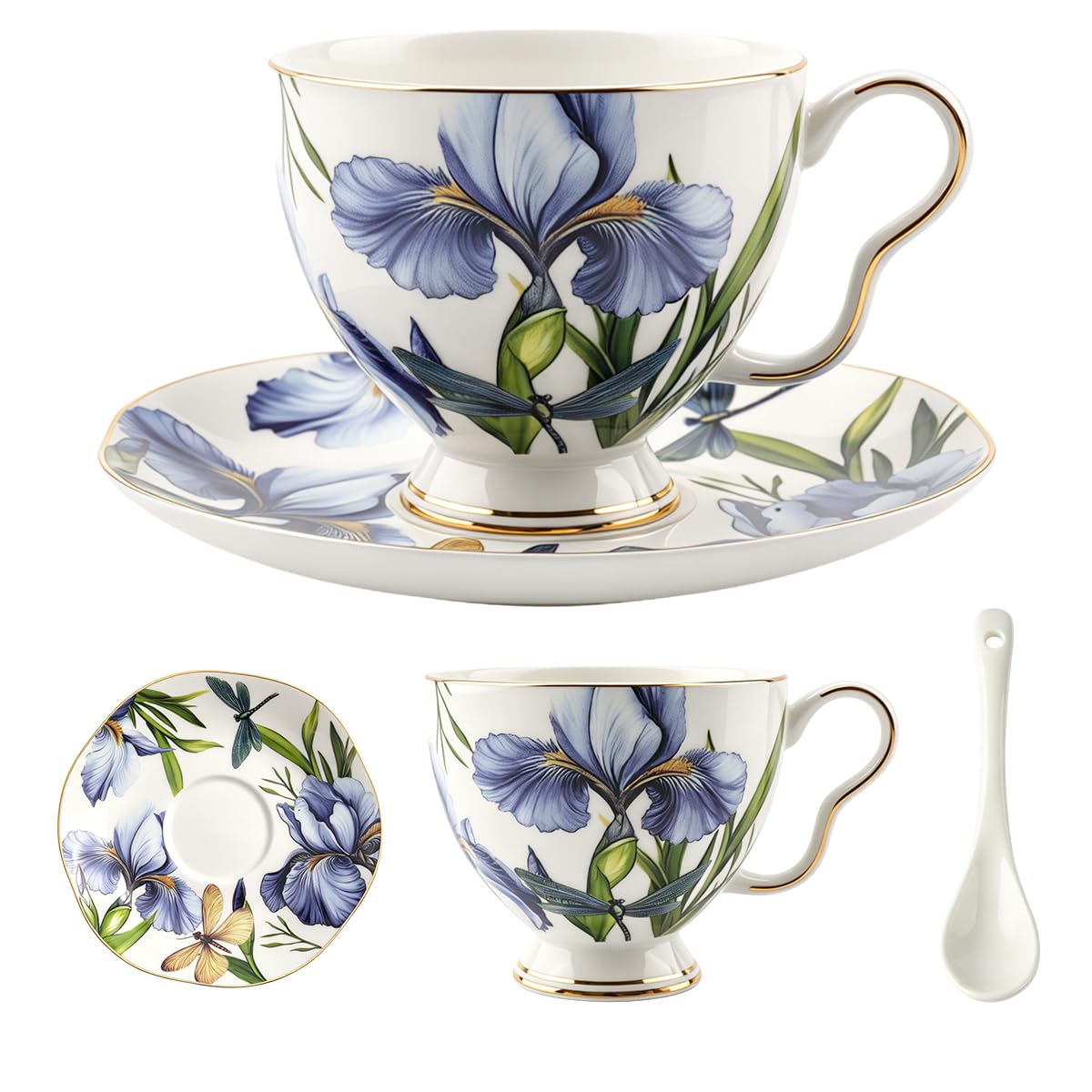 Bone China Tea Cup and Saucer Set with Spoon, 7 oz Blue Iris Gold Trim