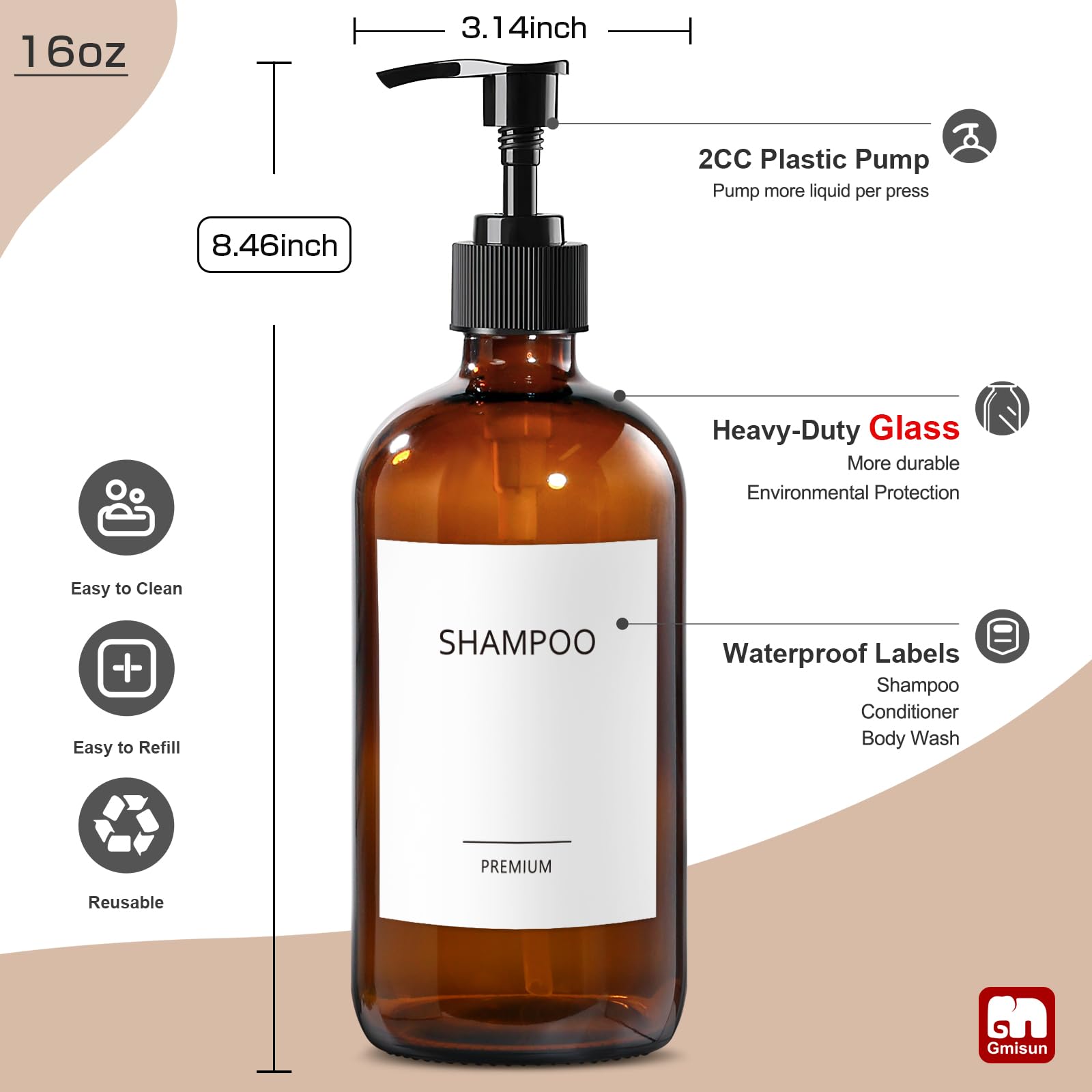 Gmisun Glass Amber Shampoo And Conditioner Dispenser Bottles, Refillable Shampoo And Conditioner, Body Wash Dispenser Bottles Wi