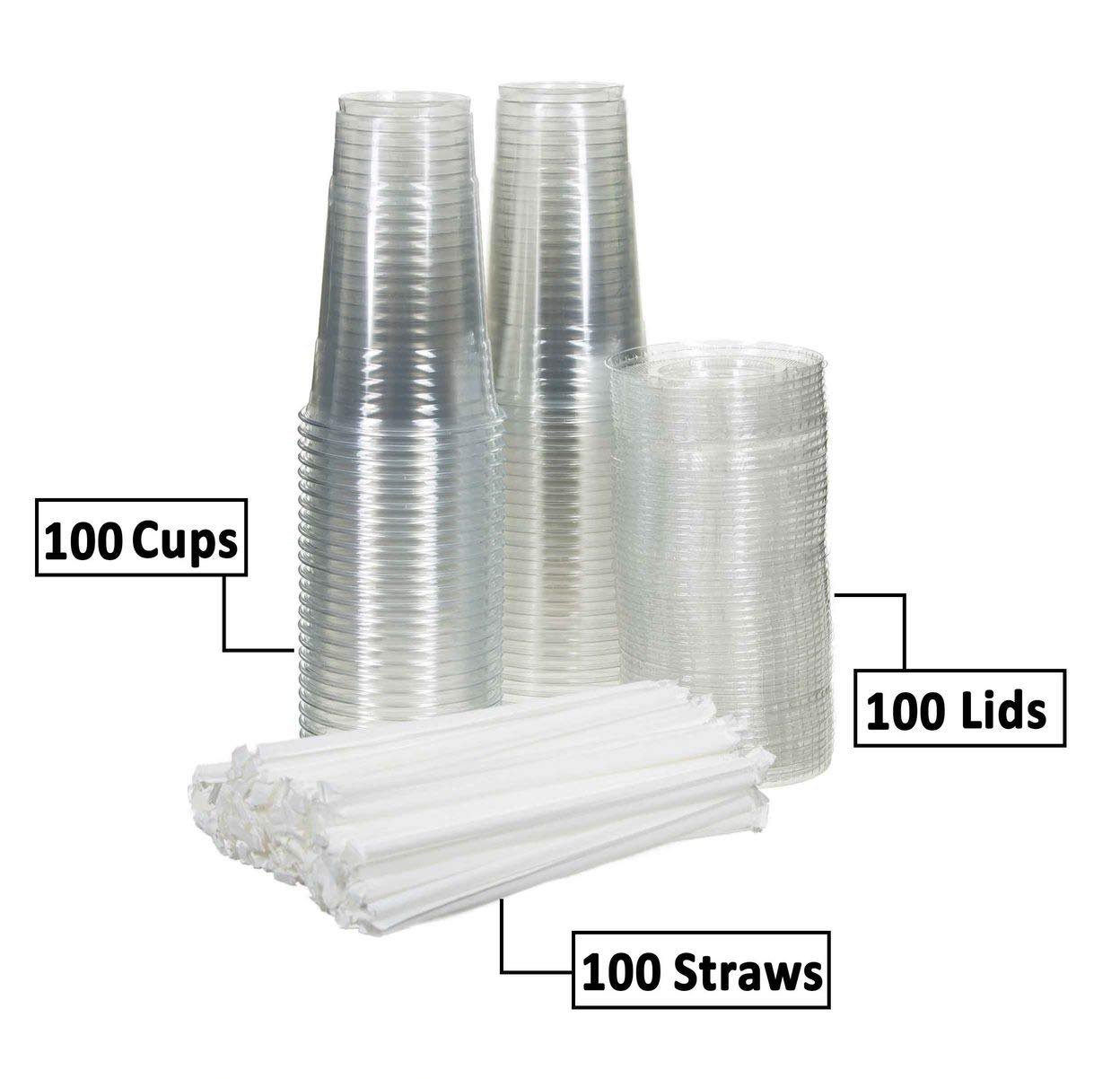 Quiddity Ware 100 Sets (16Oz) Disposable Crystal Clear Plastic Cups With Flat Lids And Straws