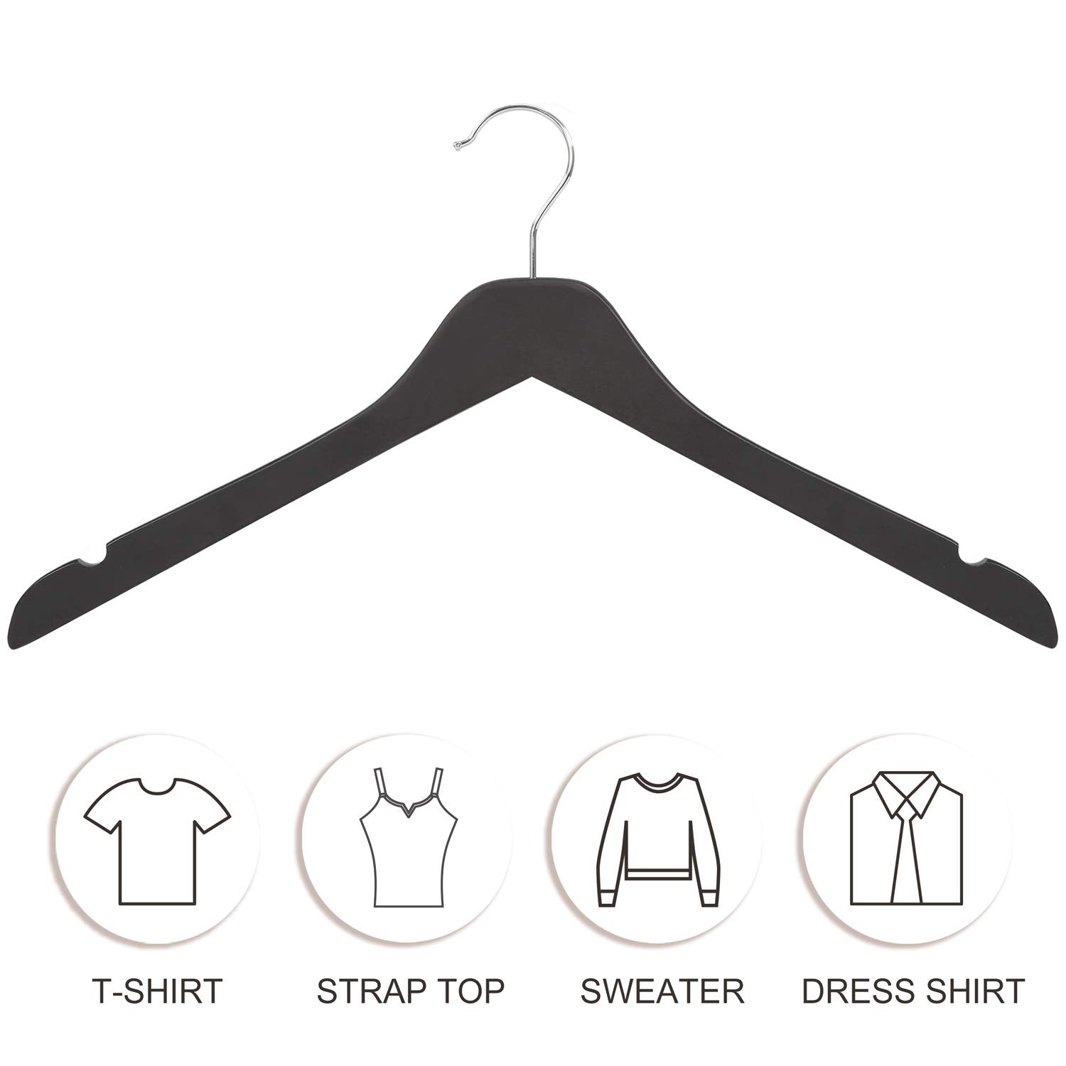 Topia Hanger Black Wooden Hangers, 0.28-Inch Slim Wood Clothes Hanger With Flat Design And Smooth Notches, Lightweight Space Sav