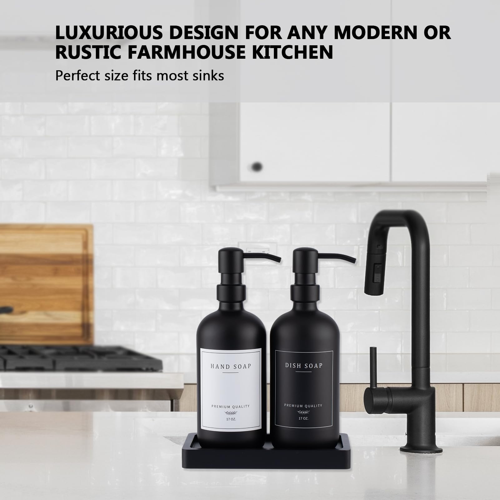 Black Thick Glass Soap Dispenser - Farmhouse Kitchen Dish Soap Dispenser & Hand Soap Dispenser Set, 304 Rustproof Pump Soap Disp