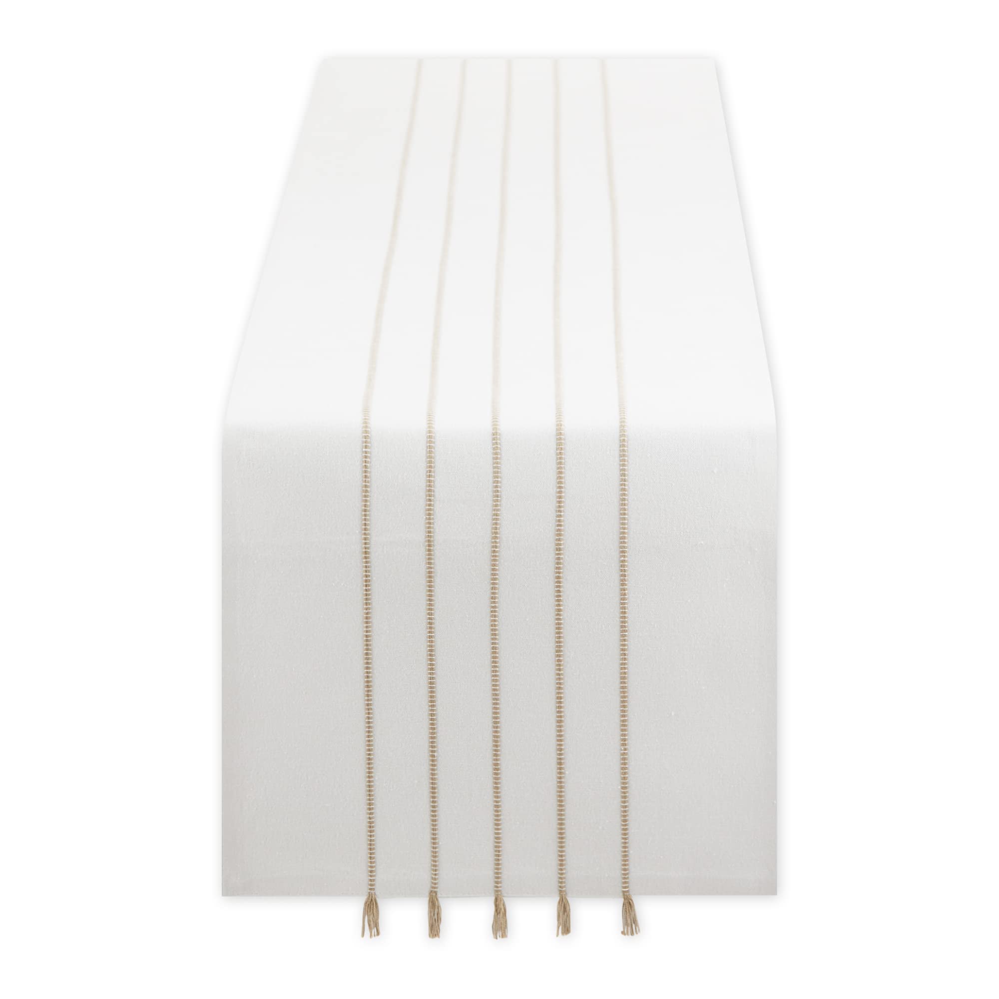 WHITE/STONE STRIPE TASSEL TABLE RUNNER 14x108