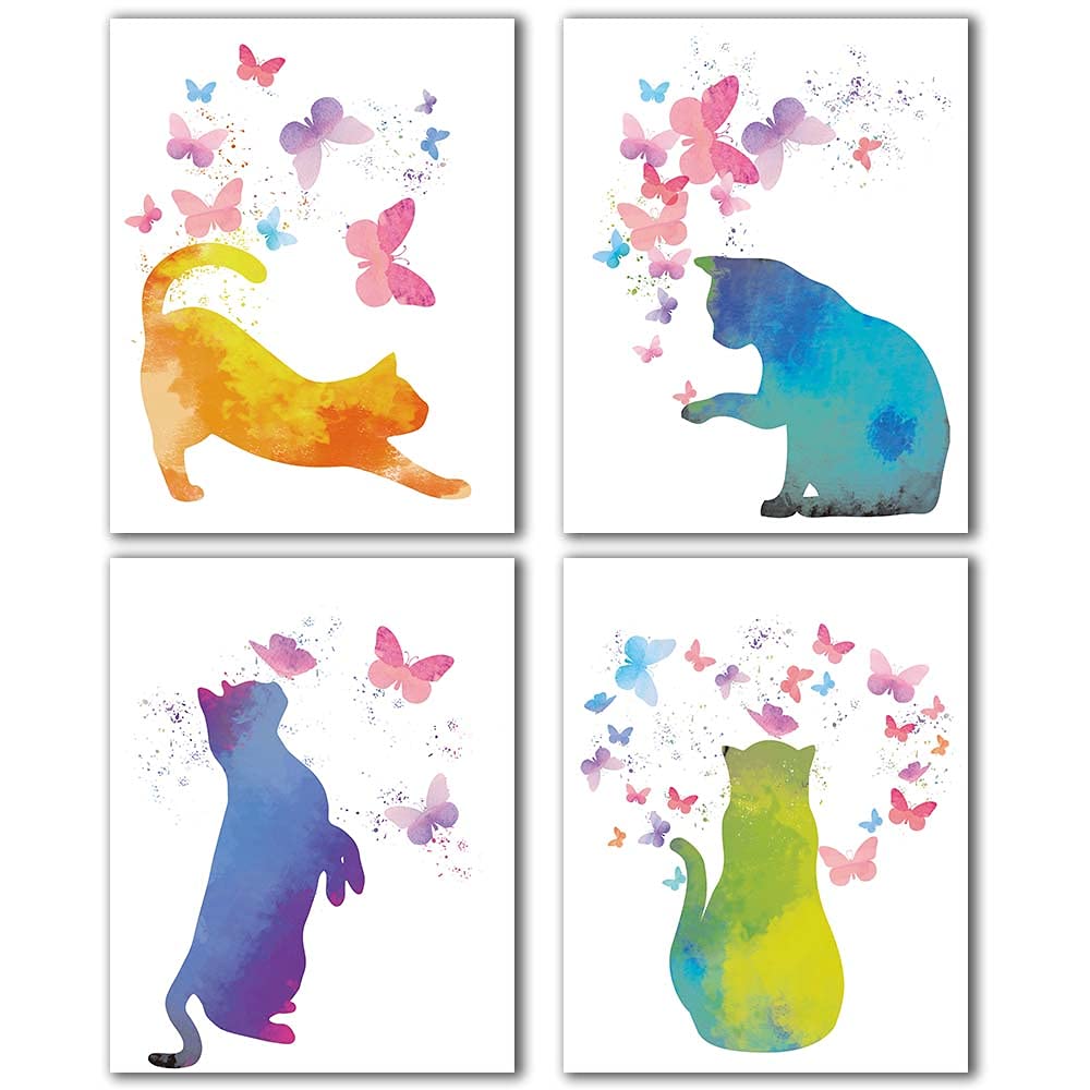 Iiiluyot Watercolor Cat With Colorful Butterfly Art Print, Set Of 4(8X10) Watercolor Animals Poster Painting For Home Decor, Cat