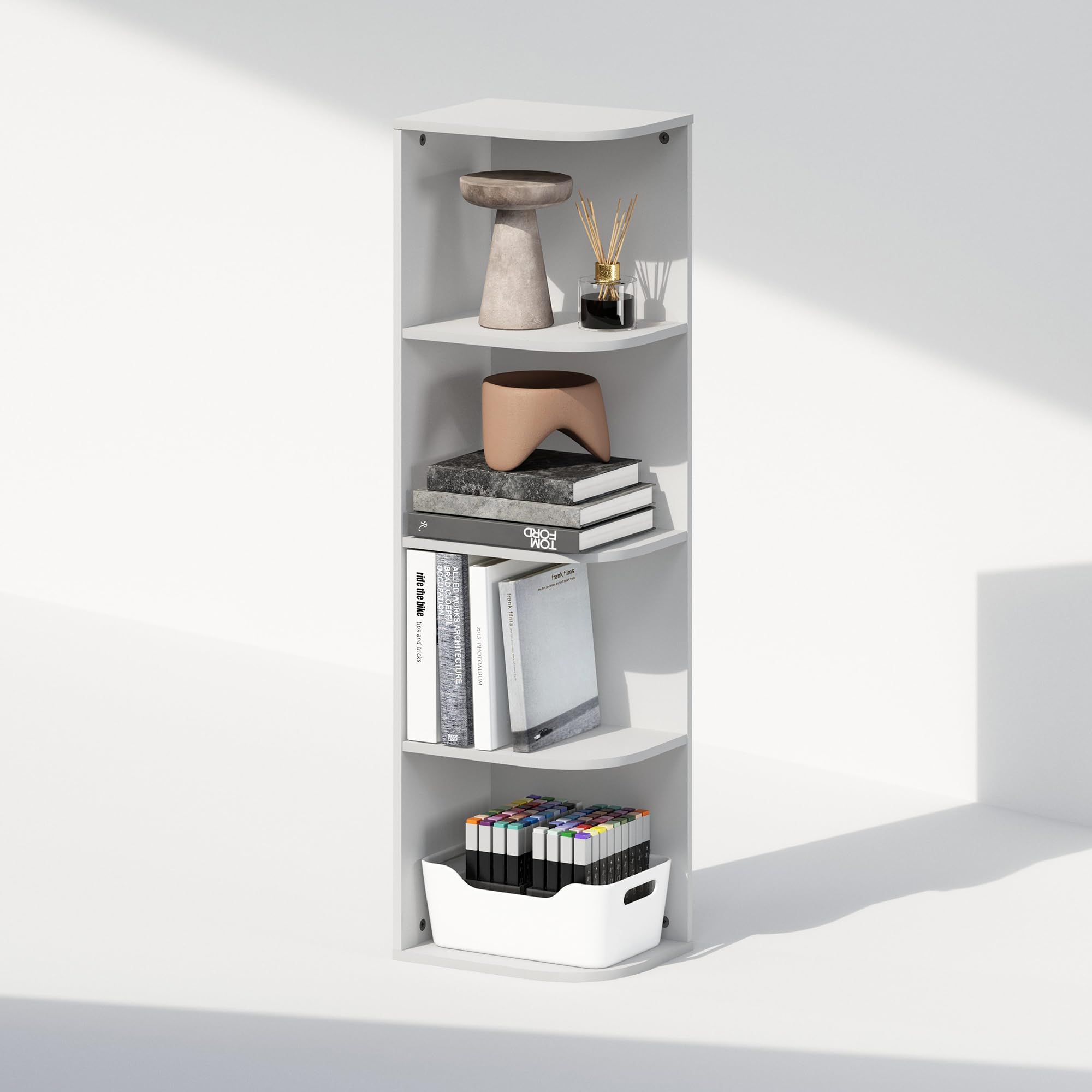 Furinno Reed 4-Tier Space Saving Corner Storage Display Shelf, White