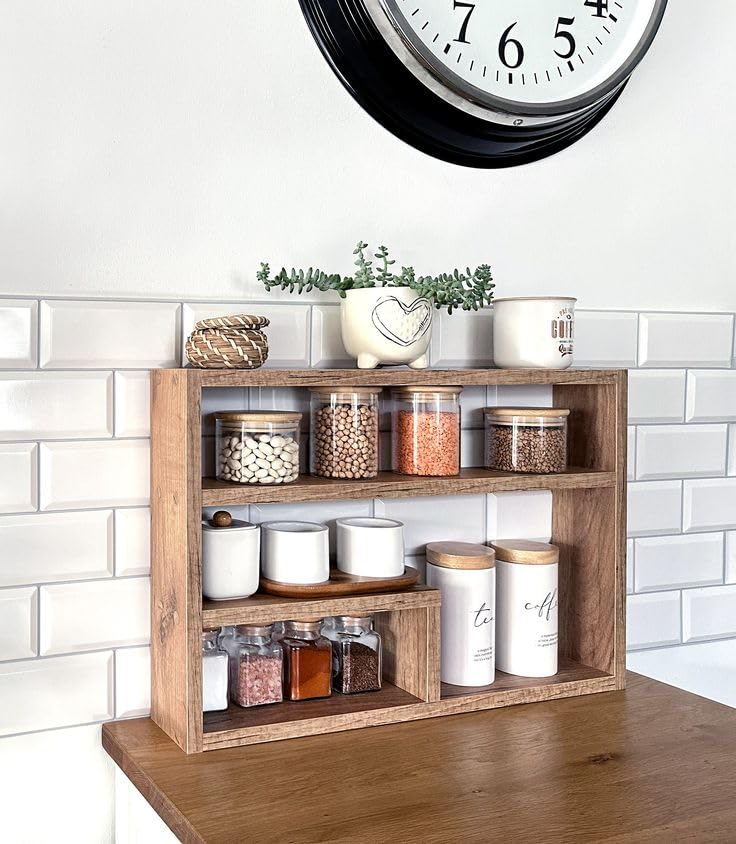 Mayal Rustic Wooden Spice Rack Organizer, 3Tier Kitchen Storage Shelf, Countertop Display Stand With Compartments