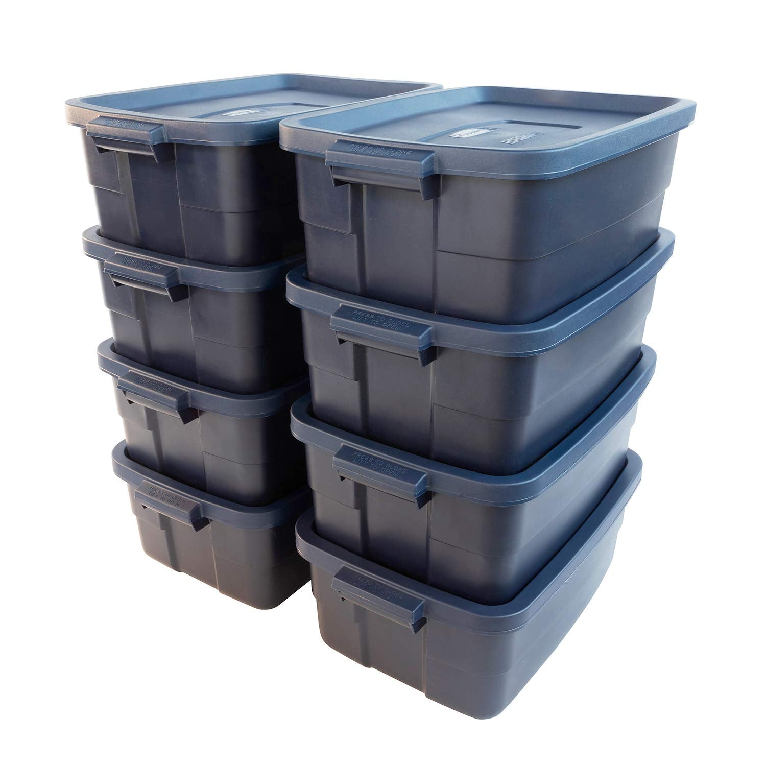 Rubbermaid Roughneck Tote 10 Gal, 8 Pack, Made In Usa, Dark Indigo Metallic, Rugged Plastic Stackable Storage Bins With Lids And