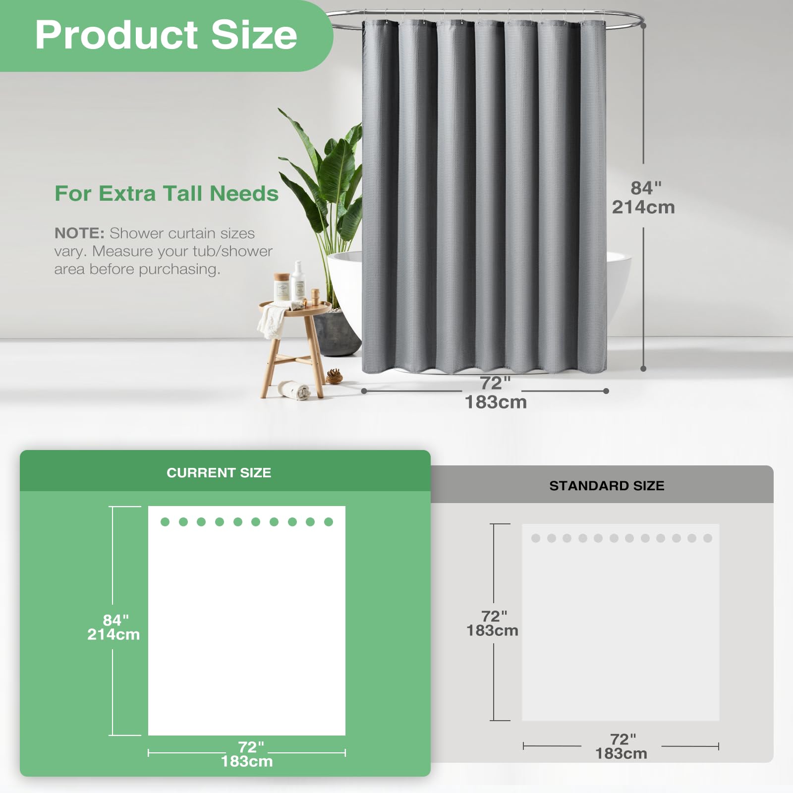 Dynamene Extra Long Shower Curtain 84 Inch Long Grey Waffle Weave Heavy Duty Fabric Bathroom Shower Curtain  Neutral Weighted Hotel Thick Bath Curtain Set with 12 Plastic Hooks 72x84 Grey/Gray