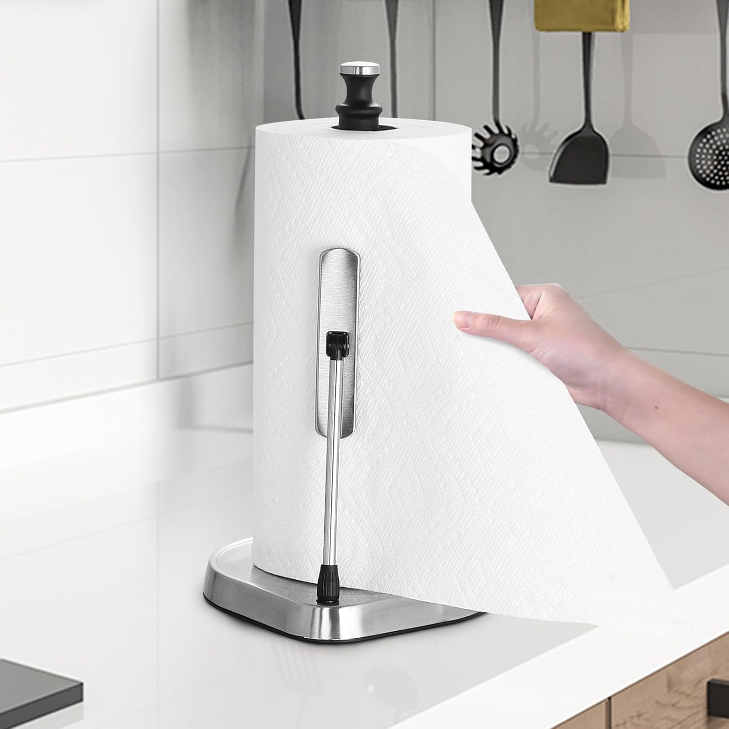Dailyart Paper Towel Holder For One Hand Tear - Countertop With Tension Arm & Non Slip Weighted Base, Stainless Steel Paper Towe