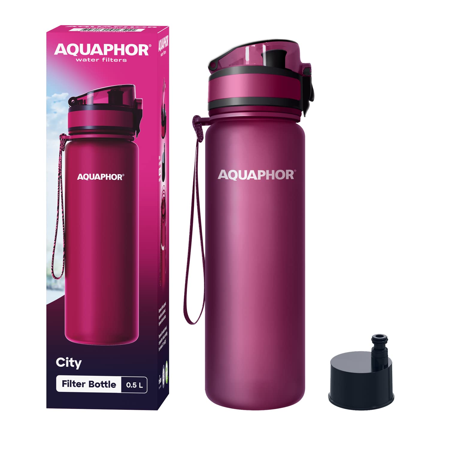 Aquaphor City Bottle 500Ml Red  Travel Water Bottle With Activated Carbon Filter  Filters Chlorine & Impurities  Made Of Tritan