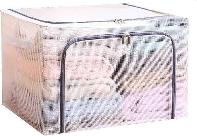 Vyalun 66 Litre Clothes Storage Bag Transparent Foldable Wardrobe Organizer Bag Metal Frame Storage Bag With Carry Handles & Stu