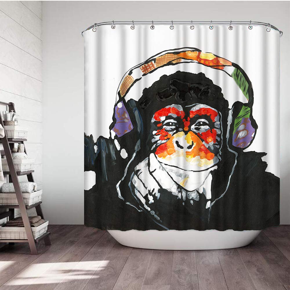 Vividhome Monkey Shower Curtains Funny Animal Chimpanzee Portrait With Colorful Headset Waterproof Fabric Bathroom Curtain With