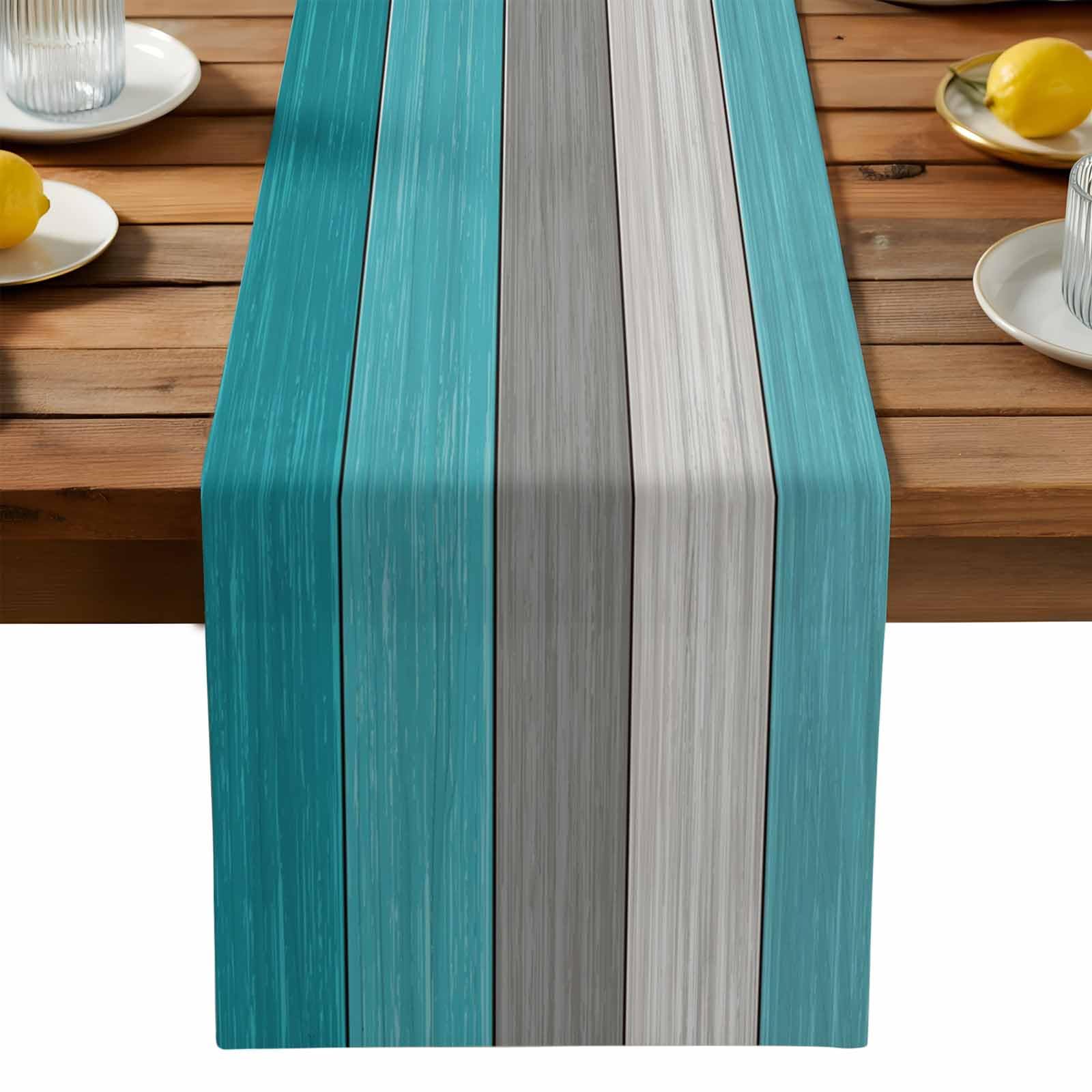 Farmhouse Cotton Linen Table Runner Dresser Scarf Extra Long 120 inches- Retro Rustic Barn Wood Texture Ombre Aqua Blue Gray Non